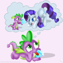 Size: 900x900 | Tagged: safe, artist:swanlullaby, rarity, spike, g4, dream, gem, male, open mouth, ship:sparity, shipping, straight, tongue out