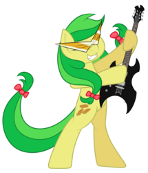 Size: 1031x1200 | Tagged: safe, artist:terton, apple fritter, earth pony, pony, g4, apple family member, electric guitar, female, guitar, mare, musical instrument, simple background, solo, sunglasses, transparent background