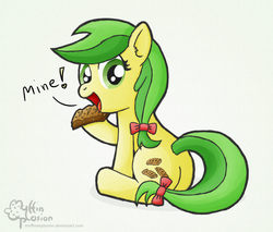 Size: 1500x1277 | Tagged: safe, artist:muffinexplosion, apple fritter, pony, g4, apple family member, apple fritter (food), cute, dialogue, female, food, looking at you, looking back, looking back at you, solo