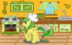 Size: 1110x696 | Tagged: safe, artist:fun2berandom, apple fritter, g4, apple family member, apple fritter (food), baking, chef's hat, cottagecore, female, food, hat, kitchen, oven, solo
