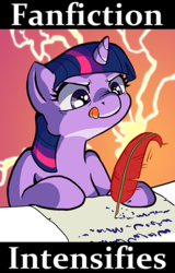 Size: 400x626 | Tagged: safe, artist:muffinshire, edit, twilight sparkle, comic:twilight's first day, g4, cute, fanfic, meme, nose wrinkle, paper, quill, tongue out, twiabetes, twilight loves fanfiction, writing, x intensifies