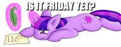 Size: 1269x491 | Tagged: safe, twilight sparkle, g4, bored, image macro, meme, prone, question, tired, writing