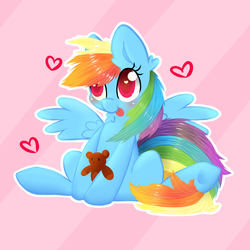 Size: 1024x1024 | Tagged: safe, artist:moondreamer16, rainbow dash, g4, cute, dashabetes, female, heart, heart eyes, solo, teddy bear, tongue out, wingding eyes