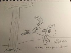 Size: 1024x768 | Tagged: safe, artist:chrooke, oc, oc only, oc:woodchopper, bucking, monochrome, newbie artist training grounds, solo, traditional art, tree