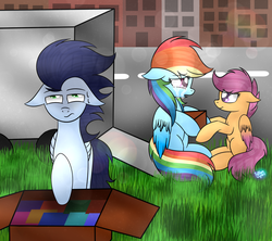 Size: 1024x910 | Tagged: safe, artist:northlights8, rainbow dash, scootaloo, soarin', pony, g4, crying, fanfic art, floppy ears, male, moving van, ship:soarindash, shipping, straight