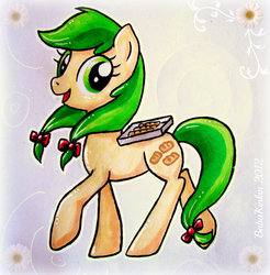 Size: 1024x1041 | Tagged: safe, artist:babakinkin, apple fritter, earth pony, pony, g4, apple family member, apple fritter (food), back carry, carrying, female, food, namesake, pun, smiling, solo, traditional art, visual pun, walking