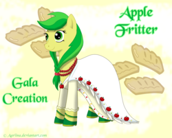 Size: 1179x947 | Tagged: safe, artist:aariina, apple fritter, g4, apple family member, clothes, dress, female, gala dress, solo, text