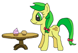 Size: 950x650 | Tagged: safe, artist:gallanttempest, apple fritter, g4, apple family member, choice, cupcake, female, food, muffin, solo, table