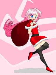 Size: 3096x4128 | Tagged: safe, artist:nyamnyam2, fluttershy, human, g4, clothes, female, humanized, sack, santa costume, santa sack, socks, solo, thigh highs