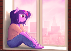 Size: 1600x1154 | Tagged: safe, artist:shiropoint, twilight sparkle, anthro, g4, clothes, female, pants, shirt, sitting, solo, window