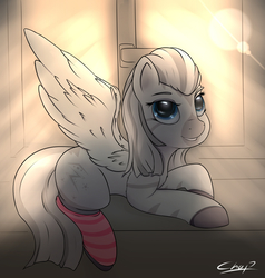 Size: 1900x2000 | Tagged: safe, artist:chapaevv, oc, oc only, oc:crystal eclair, zebra, clothes, commission, socks, solo, striped socks, window, wings, ych result