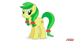 Size: 1920x1080 | Tagged: safe, artist:eugenebrony, apple fritter, earth pony, pony, g4, apple family member, bow, female, hair bow, mare, simple background, solo, tail, tail bow, text, transparent background, twin bows, watermark