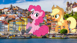 Size: 1920x1080 | Tagged: safe, artist:dashiesparkle, artist:illumnious, artist:theotterpony, applejack, pinkie pie, earth pony, pony, g4, female, giant pony, highrise ponies, irl, macro, mare, photo, ponies in real life, porto, portugal, story included