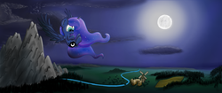 Size: 5000x2109 | Tagged: safe, artist:machstyle, princess luna, g4, cloud, female, flying, moon, mountain, night, scenery, solo