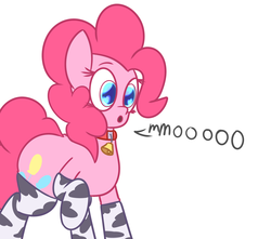 Size: 2017x1780 | Tagged: safe, artist:mr-degration, pinkie pie, cow, earth pony, pony, g4, :o, behaving like a cow, bell, bell collar, clothes, collar, cowbell, female, moo, pincow pie, raised hoof, simple background, socks, solo, white background