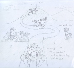 Size: 2760x2540 | Tagged: safe, artist:periodicbrony, pinkie pie, rainbow dash, spitfire, twilight sparkle, alicorn, pony, g4, book, breaking the fourth wall, fourth wall, high res, jumping, monochrome, newbie artist training grounds, picnic blanket, pronking, running, traditional art, twilight sparkle (alicorn)