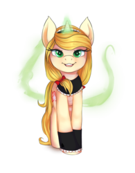 Size: 900x1152 | Tagged: safe, artist:littlemoshi, oc, oc only, oc:vive, pony, clothes, cuffs (clothes), glowing horn, hair bow, horn, looking at you, simple background, smiling, solo, transparent background