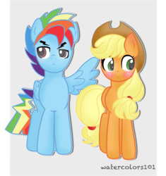 Size: 2442x2596 | Tagged: safe, artist:waterz-colrxz, applejack, rainbow dash, pony, g4, blushing, duo, high res, male, rainbow blitz, rule 63, ship:appleblitz, shipping, straight