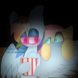 Size: 1024x1024 | Tagged: safe, artist:noxymlp, fluttershy, rainbow dash, pony, g4, duo, female, food, lesbian, mare, popcorn, ship:flutterdash, shipping