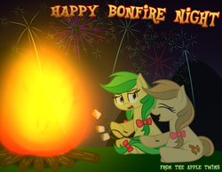 Size: 900x700 | Tagged: safe, artist:terton, apple fritter, apple strudely, g4, apple family member, bonfire, fireworks, food, marshmallow, solo, text