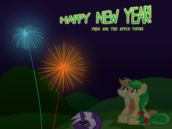 Size: 1024x768 | Tagged: safe, artist:terton, apple fritter, apple strudely, oc, g4, apple family member, fireworks, text