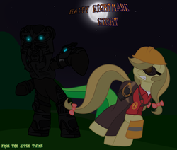 Size: 1300x1100 | Tagged: safe, artist:terton, apple fritter, apple strudely, g4, apple family member, bow, clothes, costume, engineer, engineer (tf2), nightmare night, solo, tail bow, team fortress 2