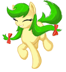 Size: 391x429 | Tagged: safe, artist:sokolas, apple fritter, earth pony, pony, g4, apple family member, dancing, eyes closed, female, flockmod, fritterbetes, happy, mare, pigtails, simple background, smiling, solo, twintails