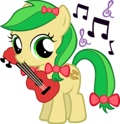 Size: 879x909 | Tagged: safe, artist:moonsugar33, apple fritter, g4, apple family member, cute, female, filly, guitar, looking at you, music notes, simple background, solo, transparent background