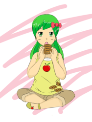 Size: 720x960 | Tagged: safe, artist:maiximillion3564, apple fritter, human, g4, apple family member, apple fritter (food), crossed legs, female, food, humanized, solo