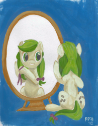 Size: 800x1027 | Tagged: safe, artist:frozenpyro71, apple fritter, g4, apple family member, dressing, female, mirror, painting, solo, traditional art