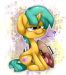 Size: 849x961 | Tagged: safe, artist:bloody-pink, snails, pony, unicorn, buckball season, g4, bucket, colt, lidded eyes, male, question mark, solo