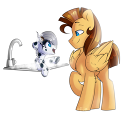 Size: 1024x941 | Tagged: safe, artist:starlyfly, oc, oc only, pegasus, pony, bathing, father and son, foal, sink