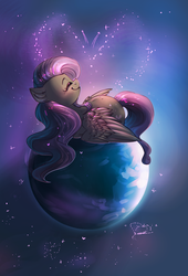Size: 1900x2800 | Tagged: safe, artist:segraece, part of a set, fluttershy, butterfly, g4, cute, eyes closed, female, heart, macro, planet, pony bigger than a planet, prone, shyabetes, smiling, solo, stars, tangible heavenly object