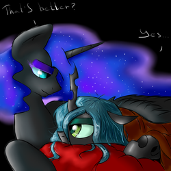 Size: 5000x5000 | Tagged: safe, artist:ruanshi, nightmare moon, queen chrysalis, alicorn, changeling, changeling queen, pony, g4, absurd resolution, blanket, female, hug, lesbian, mare, ship:chrysmoon, shipping, snuggling, winghug