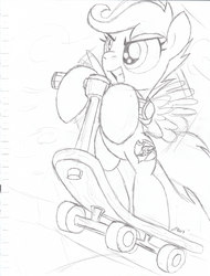 Size: 2500x3292 | Tagged: safe, artist:cazra, scootaloo, g4, cutie mark, female, high res, monochrome, newbie artist training grounds, scooter, solo, the cmc's cutie marks, traditional art