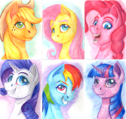 Size: 1800x1690 | Tagged: safe, artist:sa1ntmax, applejack, fluttershy, pinkie pie, rainbow dash, rarity, twilight sparkle, g4, bust, mane six, portrait, traditional art