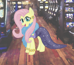 Size: 1710x1501 | Tagged: safe, artist:horsesass, fluttershy, g4, viva las pegasus, bracelet, casino, ear piercing, earring, feather boa, female, impossibly rich, jewelry, piercing, slot machine, solo