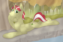 Size: 2178x1475 | Tagged: safe, alternate version, artist:crusierpl, flim, pony, unicorn, g4, autumn, chest fluff, crepuscular rays, dock, forest, looking at you, lying down, male, river, solo, stream, tree