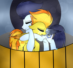 Size: 1024x951 | Tagged: safe, artist:northlights8, soarin', spitfire, pony, g4, colored wings, colored wingtips, crying, hug