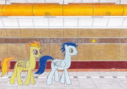 Size: 2460x1724 | Tagged: safe, artist:tails-cz, soarin', spitfire, pony, g4, backwards cutie mark, food, metro, prague, prague metro, subway, walking