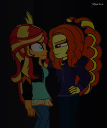 Size: 1306x1557 | Tagged: safe, artist:cbear624, adagio dazzle, sunset shimmer, equestria girls, g4, against wall, female, kabedon, lesbian, ship:sunsagio, shipping