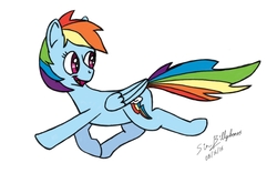 Size: 1600x997 | Tagged: safe, artist:gamerbro360, rainbow dash, pegasus, pony, g4, female, folded wings, looking back, newbie artist training grounds, running, signature, simple background, solo, white background, wings