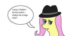 Size: 1575x774 | Tagged: safe, artist:amateur-draw, fluttershy, g4, 1000 hours in ms paint, fedora, hat, looking at you, ms paint, simple background, text