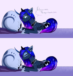 Size: 1280x1342 | Tagged: safe, artist:magnaluna, princess luna, oc, oc:zefiroth, dragon, g4, baby dragon, colored wings, colored wingtips, comic, cute, dragon egg, egg, eyes closed, eyeshadow, fluffy, implied canon x oc, implied shipping, makeup, prone, smiling, spanish, translated in the comments