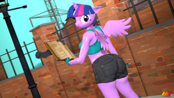 Size: 1280x720 | Tagged: safe, alternate version, artist:hyperwave9000, twilight sparkle, alicorn, anthro, g4, 3d, ass, book, breasts, butt, clothes, female, fingerless gloves, from behind, gloves, looking at you, looking back, no tail, scrunchy face, shorts, sideboob, solo, source filmmaker, tank top, twibutt, twilight sparkle (alicorn)