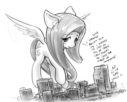 Size: 896x718 | Tagged: safe, artist:alloyrabbit, fluttershy, pony, g4, city, dialogue, female, floating, giant pony, macro, monochrome, open mouth, pondering, solo, text