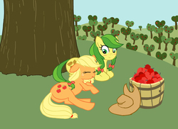 Size: 912x664 | Tagged: safe, artist:generalsnaz, apple fritter, applejack, earth pony, pony, g4, apple, apple family member, basket, duo, duo female, female, food, hat, mare, sleeping, tree