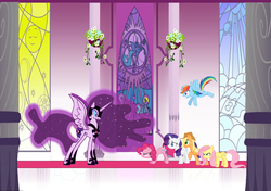 Size: 1803x1266 | Tagged: safe, artist:arkwing, applejack, fluttershy, pinkie pie, rainbow dash, rarity, twilight sparkle, alicorn, pony, g4, betrayal, corrupted, ethereal mane, feels, mane six, nightmare twilight, nightmarified, shocked, starry mane, this will end in tears and/or death, twilight is anakin, twilight sparkle (alicorn), twilight vs mane 5, tyrant sparkle