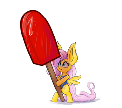Size: 1280x1138 | Tagged: safe, artist:heir-of-rick, fluttershy, pony, g4, bipedal, clothes, cute, female, food, impossibly large ears, one-piece swimsuit, popsicle, shyabetes, solo, swimsuit