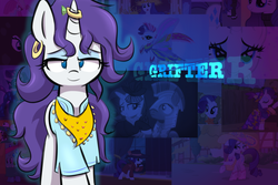 Size: 1280x853 | Tagged: safe, artist:heir-of-rick, part of a set, rarity, g4, bandana, clothes, ear piercing, earring, female, horn, horn ring, impossibly large ears, jewelry, leverage, lidded eyes, piercing, shirt, solo